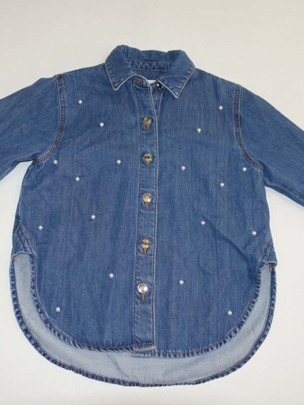 Loft Women's Pearl Denim Button Front Shirt Petite 2XS Blue Embellished P2XS